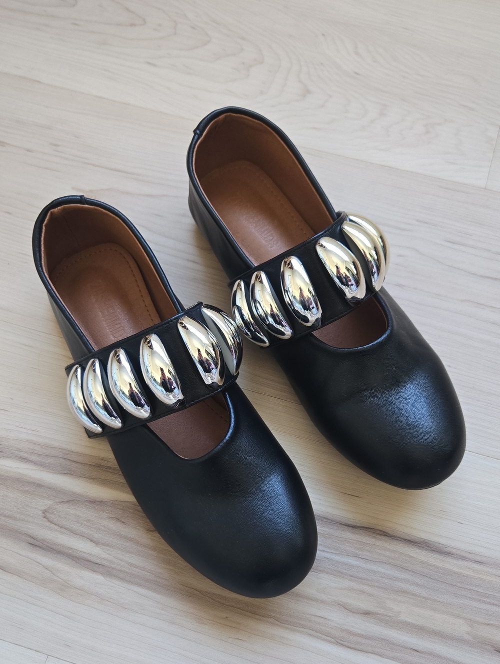 Black Ballet Flats With Silver Embellishments, Size 39